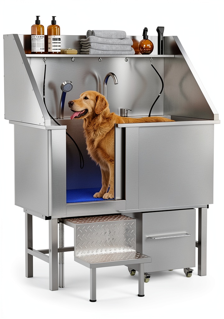 LOVMOR stainless steel dog washing station in a grooming studio